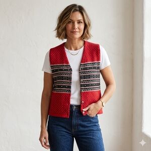 VTG Eddie Bauer 100% Wool Fair Isle Sweater Vest Red Nordic Button Front Small